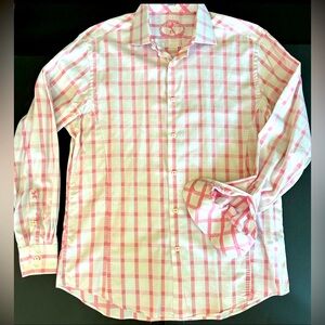 Bugatchi 100% Cotton Shirt Large Shaped Fit White Pink Stripes Authentic